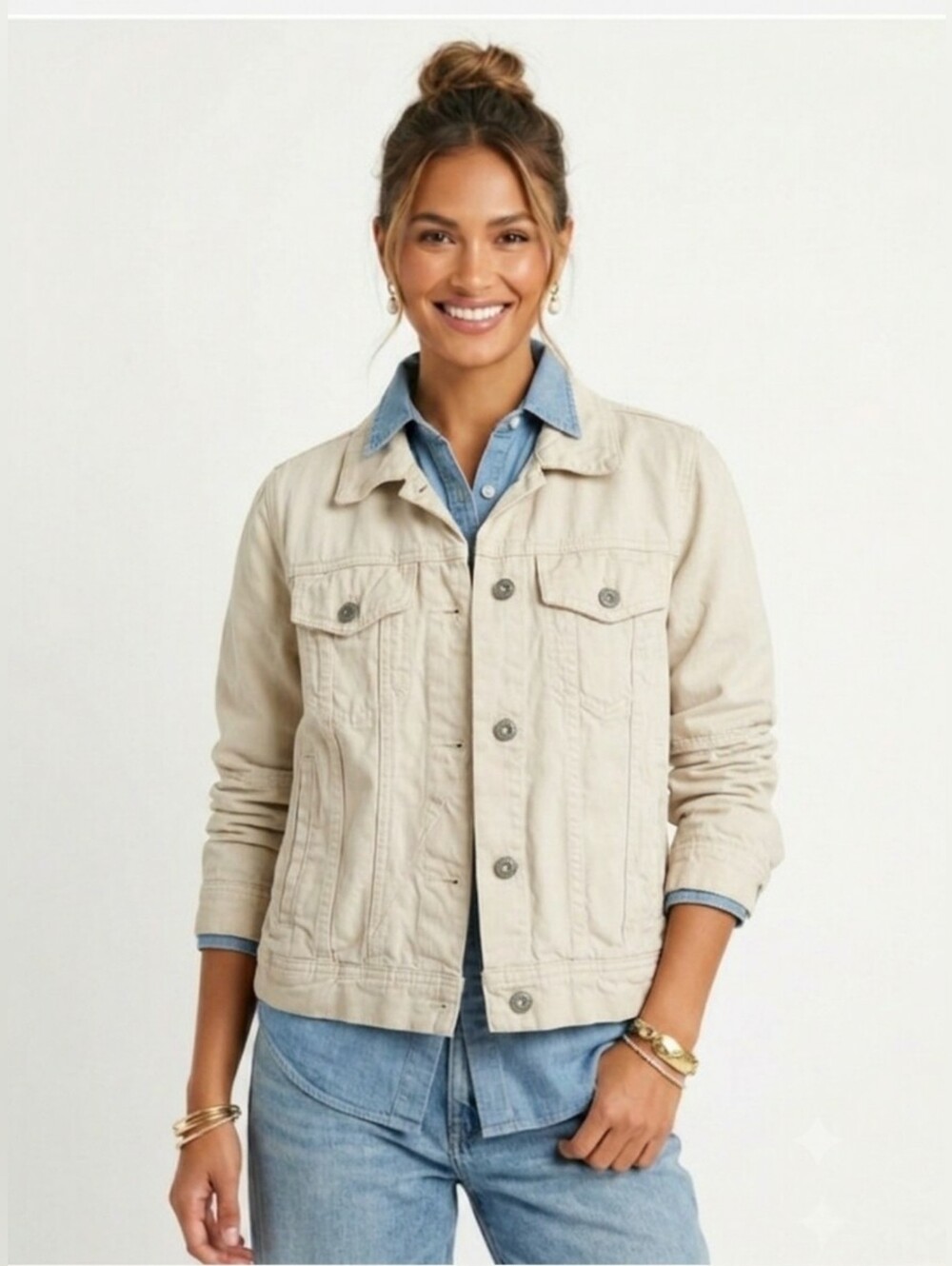 Free People Retro Trucker Jacket Ivory Denim Cotton Capsule Medium